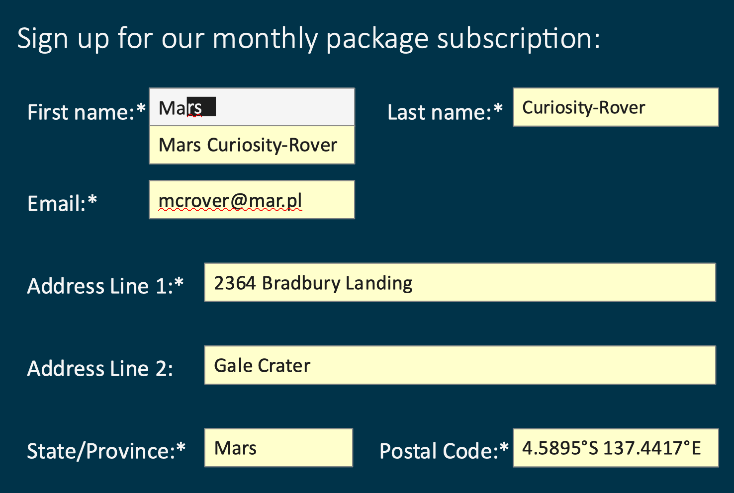 A form with text input boxes for user information. The user began typing their name, and the web page highlighted the remaining boxes with suggested autofill information.