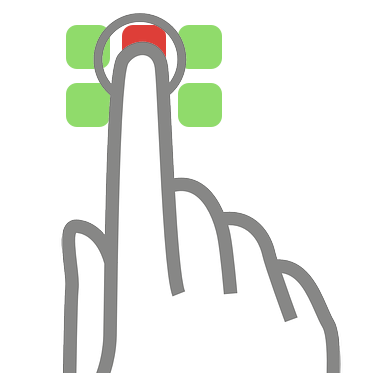 6 buttons are closely clustered on a touchscreen. The button sizes are similar to the size of the pad of the finger, and large enough that the user can choose the correct one.